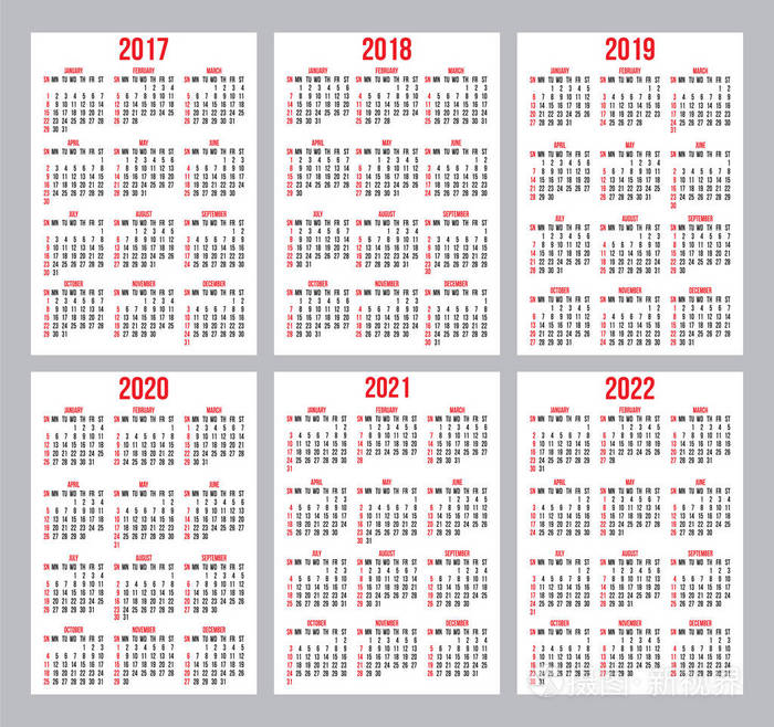2022年3月份日历表图片,日历2022日历表图片 向量集的名片上的白色背景 2017年 2022 年的日历网格