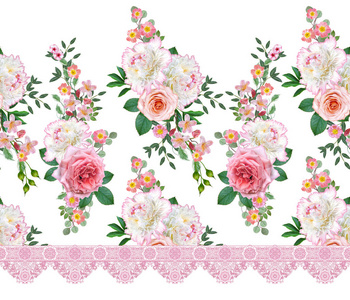 花卉无缝图案。插花, 精致美丽的粉红色玫瑰花束, 白色牡丹绿叶