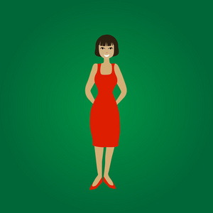 微笑着站在绿色背景上的红色连衣裙的年轻女子的矢量
