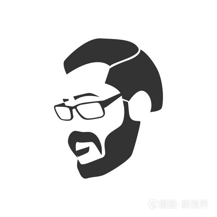 胡须嬉皮士脸黑色轮廓. 矢量插图
