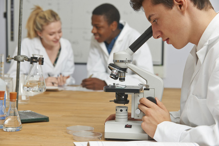 青少年学生在科学课使用显微镜