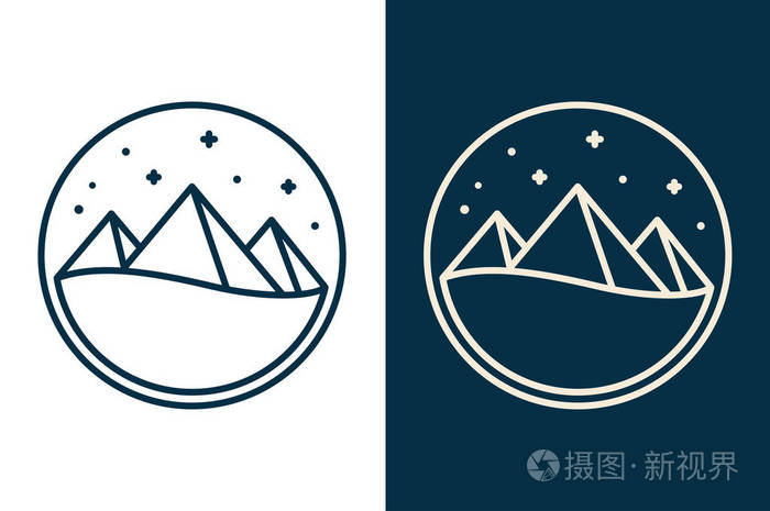 埃及金字塔或山脉的图标或标志 简单的沙漠夜景与明星.