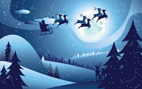 飞行的圣诞老人和冬季森林