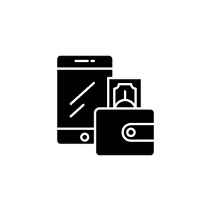 手机电子钱包黑色图标概念。移动电子钱包平面矢量符号, 符号, 插图