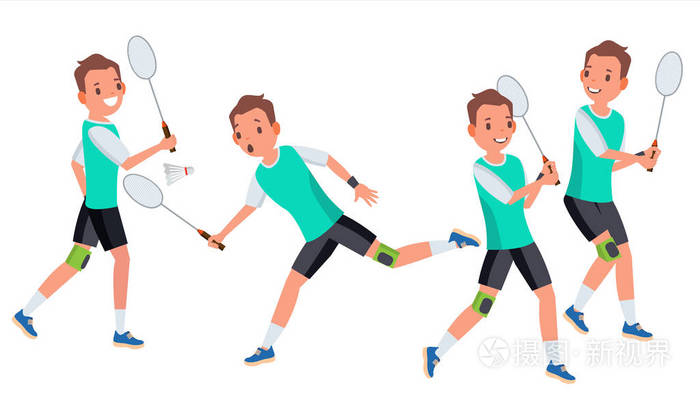 羽毛球男运动员矢量.行动.球拍.现代运动, 爱好.举行羽毛球.