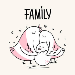 两个父母家的小鸟爸爸妈妈抱着她的孩子。卡通平面矢量动物插画卡