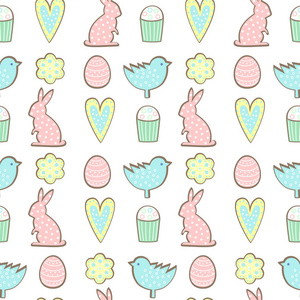 复活节饼干模式兔子，花，心在白色背景上的复活节彩蛋
