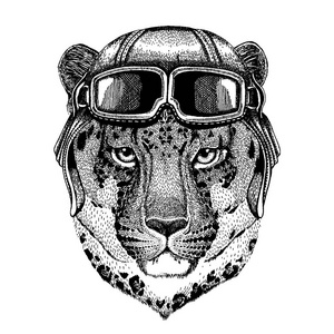 戴眼镜的动物佩戴飞行员头盔。矢量图片。野生猫豹猫 o 山豹手画纹身, 徽章, 徽章, 标志, 补丁, t恤衫
