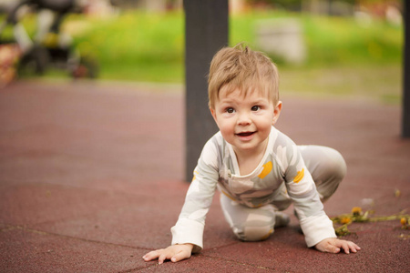 概念 家庭价值观。在户外游乐场玩的可爱天真可笑的棕色眼睛婴儿肖像