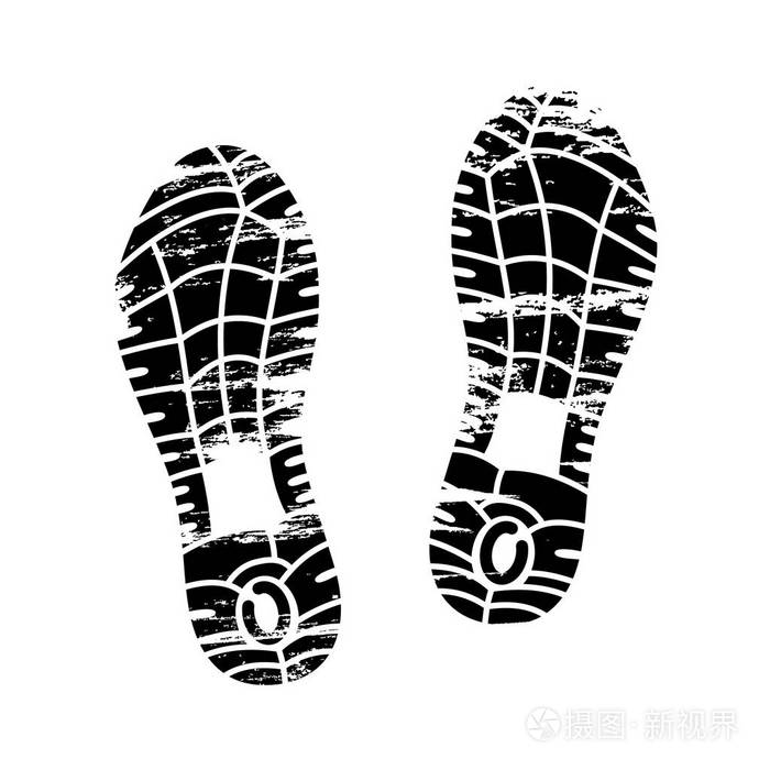 脚印和鞋印图标的黑白显示裸露的脚和鞋底的印记与男性和女性鞋类的