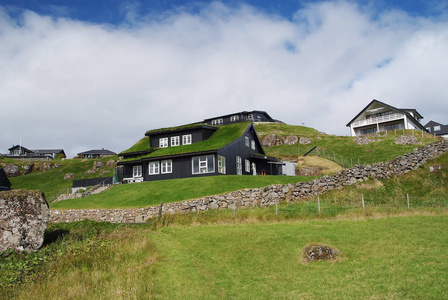 丹麦 Torshavn 丘陵地形上的房屋。生态友好的建筑物上的自然景观在多云的天空。建筑学和设计。生态和环境。乡村暑假