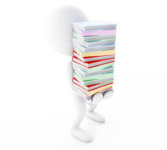 3d 渲染器插图。白人拿着一堆书和黑板。教育