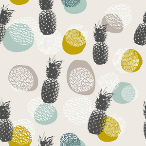 菠萝果无缝图案, 夏季食品拼贴背景在现代波西米亚艺术风格与手绘涂鸦装饰。Eps10 矢量