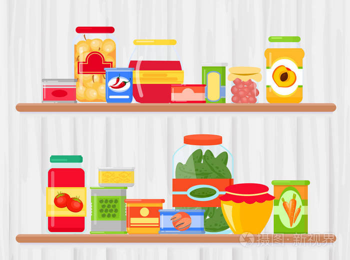 在食品杂货商店货架的矢量插图.在平面卡通风格中以的