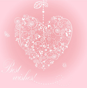粉红色贺卡与美丽的花边悬着的心