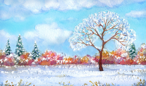 水彩风景的系列在不同季节的树