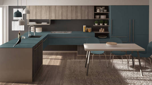 现代简约木制厨房配有餐桌地毯全景窗灰蓝色建筑室内设计