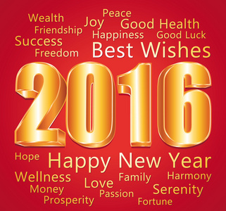2016.新年快乐和最良好的祝愿。红色和金色的贺卡