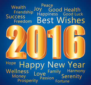 2016.新年快乐和最良好的祝愿。蓝色和金色的贺卡