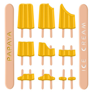 矢量插画标志为天然木瓜冰淇淋在棍子上。冰淇淋模式包括甜冷冰淇淋, 设置可口的冷冻甜点。鲜果各式各样在树枝上的奇异黄色木瓜