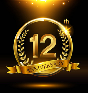 12年金黄周年纪念庆祝标志与圆环和丝带, 月桂树花圈设计