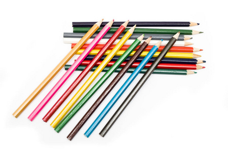 一组彩色铅笔在一堆白色背景, 隔离
