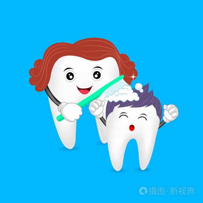 可爱的卡通牙齿家族.儿子,妈妈刷牙牙