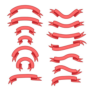 一套明亮的粉红色不同的丝带与渐变, 红色磁带横幅收集, 矢量插图
