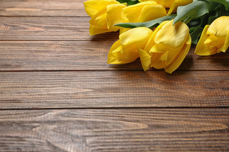 美丽的郁金香，木制的背景上