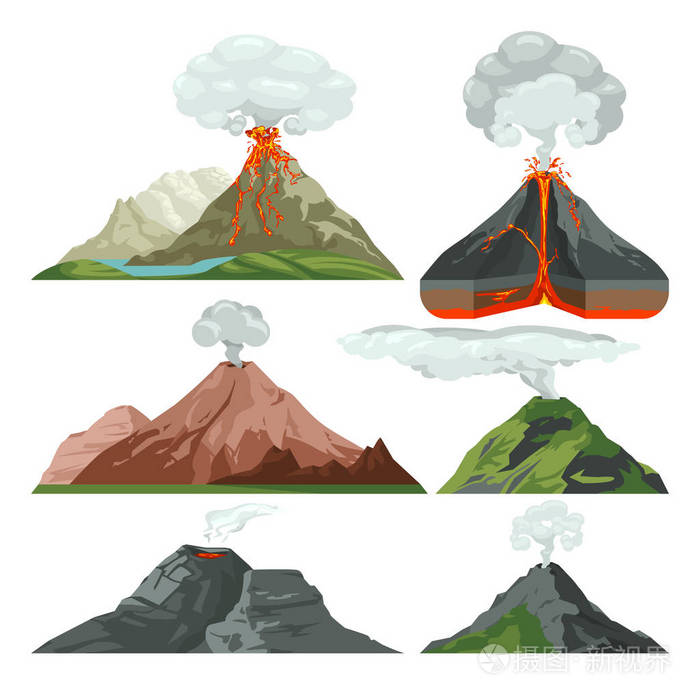 用岩浆和热熔岩发射火山山带尘云矢量集的火山喷发