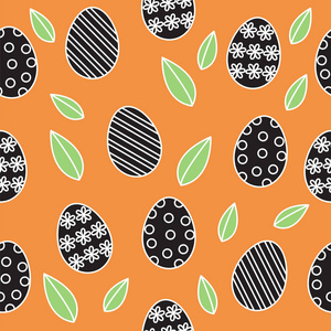 复活节无缝模式矢量背景, 可爱的轮廓黑白画复活节彩蛋与绿色春天叶子橙色