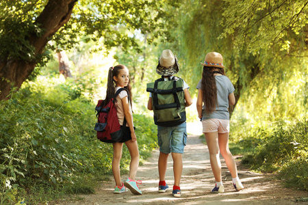 小孩子们带着背包在荒野中行走。夏令营