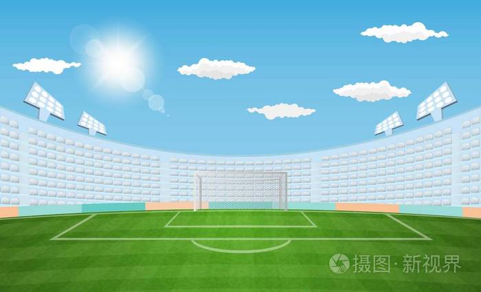足球场场与灯光太阳日间矢量设计.矢量插图