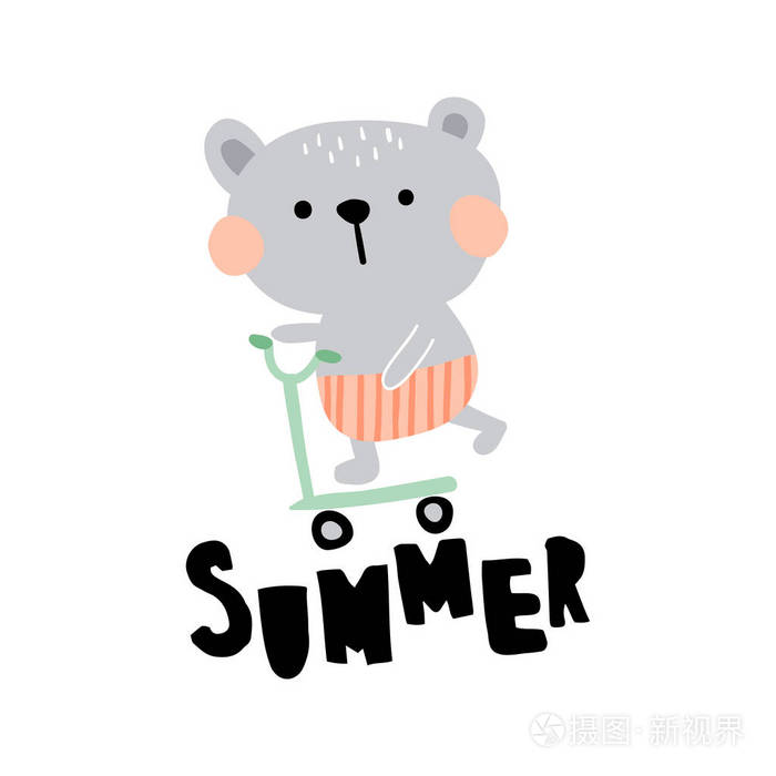 一个可爱的熊在滑板车上的矢量插图 手工刻字夏季文本