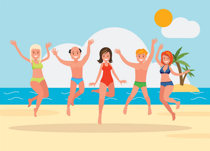 快乐的一群年轻人跳上沙滩的背景。暑假。卡通风格中的矢量插画