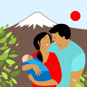 一个幸福的家庭与一个婴儿在日本的向量例证。亚洲家庭。带着孩子的年轻夫妇。旅游, 旅游。家庭度假。富士
