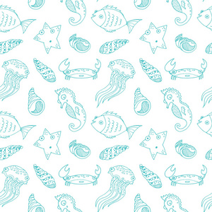 矢量素描卡通海洋动物。手绘着色。鱼, 海星, 螃蟹, 快活的鱼, 海马。设置。无缝模式