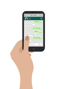 手手持移动电话。矢量图。社会网络的概念。信使窗口。聊天和消息传递的概念