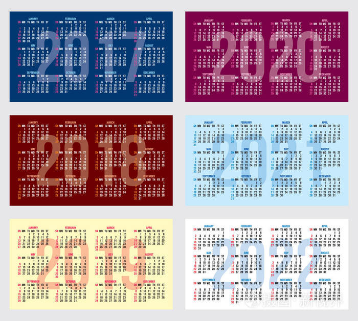 向量集的2017年2022年的日历网格