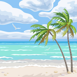 夏天的背景有棕榈树海洋天空中的云彩和飞翔的海鸥。热带海滩矢量平图