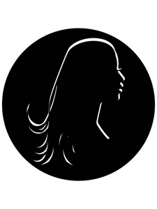 黑色和白色的妇女剪影与长凌乱的头发在黑圈子。徽标标志符号插图