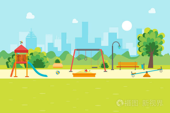 卡通城市公园儿童游乐场.矢量