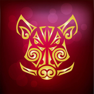 野猪或猪头被隔离在红色背景上。中国2019新年的象征。矢量插图。风格的毛利人脸纹身