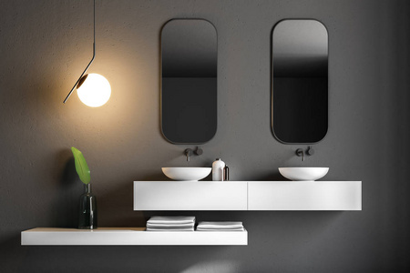 浴室 inteiror 与黑色墙壁, 一个双水槽站在白色台面和两个垂直镜子挂在上面。大理石地板。3d 渲染