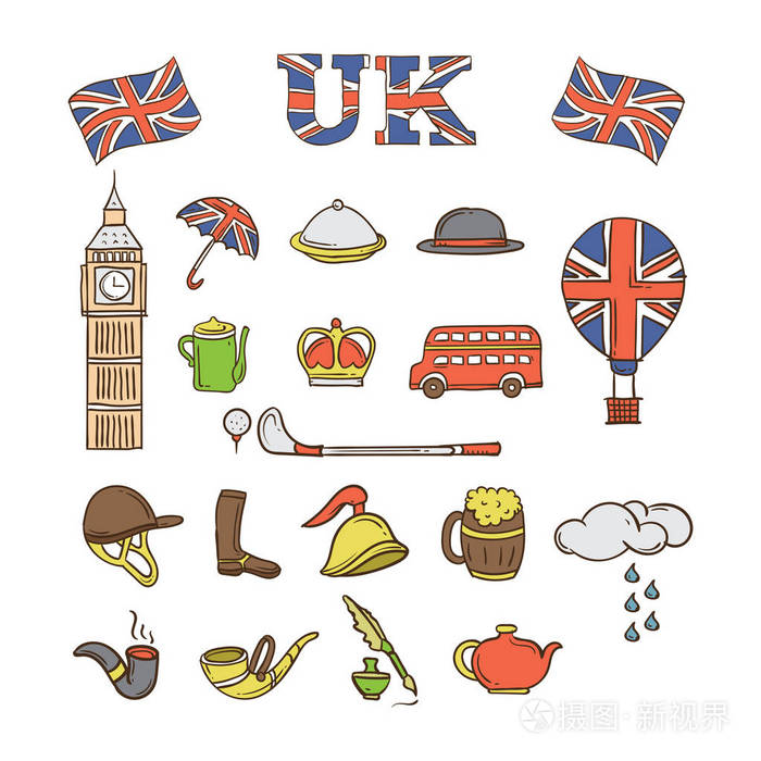 英国图标和背景与平面设计风格为您的标志或吉祥物品牌