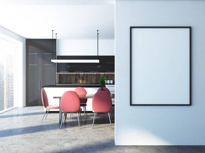 白色和黑色厨房内部与混凝土地板, 黑白台面与内置的家电和一个木制的桌子, 粉红色的椅子。墙上的框架海报。3d 渲染模拟