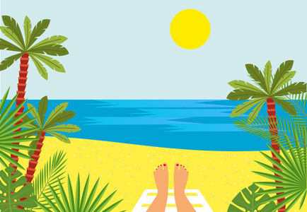 晒得黑黑的脚和大海。女性的腿，坐在海边，用棕榈树的沙滩