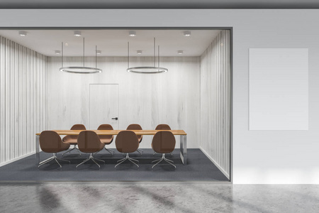 白色和玻璃墙壁办公室会议室与长的桌和棕色椅子站立在它附近。墙上竖着的海报。沟通的概念。3d 渲染模拟