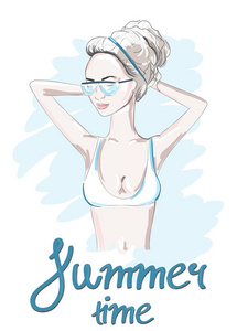 手画漂亮的女人肖像在泳衣。时尚女孩的头发聚集在顶部。夏季时间。素描。矢量插图