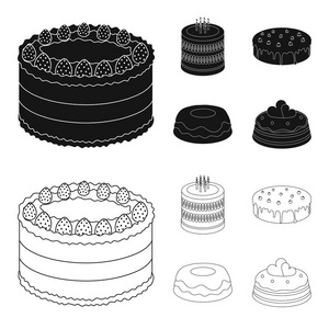 甜, 甜点, 奶油, 糖浆。蛋糕国家集合图标在黑色, 轮廓样式矢量符号股票插画网站